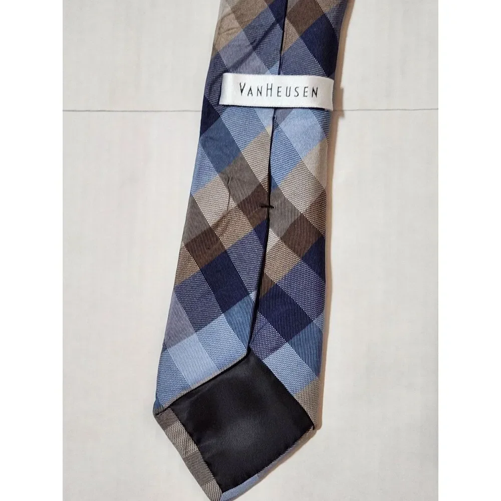 Van Heusen 100% Silk Tie Blue Gray Plaid Classic Necktie Men’s Formal Wear